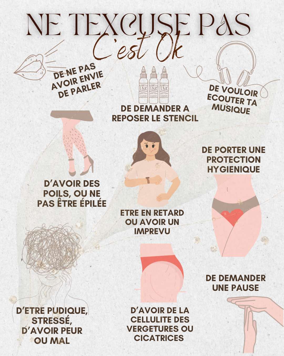 Ne t'excuse pas c'est ok - Espace bienveillant body positive Dermagraphic Fréjus studio tatouage féminin sans jugement